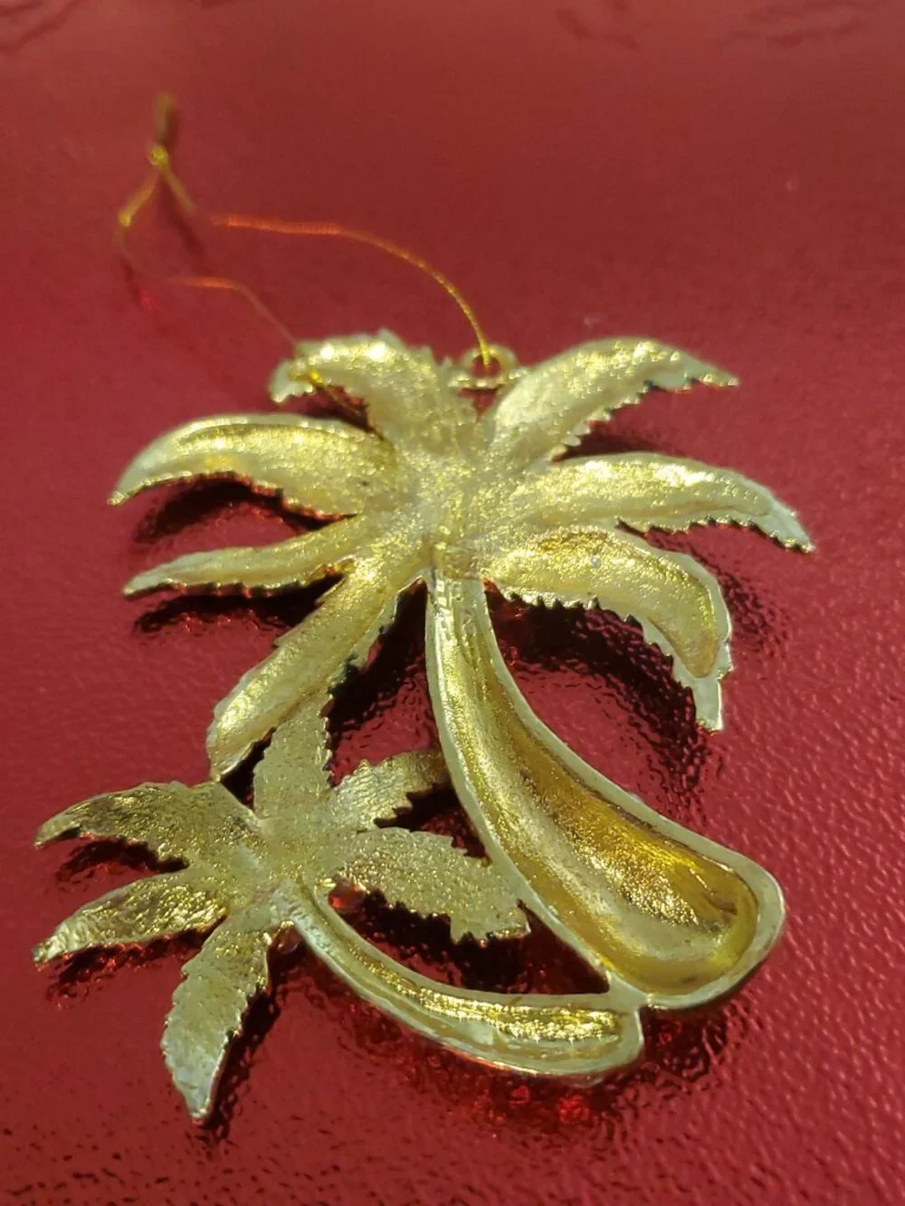 Double PALM TREE gold-tone red crystal clusters green enameled leaves ORNAMENT